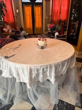 Elegant Cream Floral Jacquard Round Tablecloth Tulle added for length custom